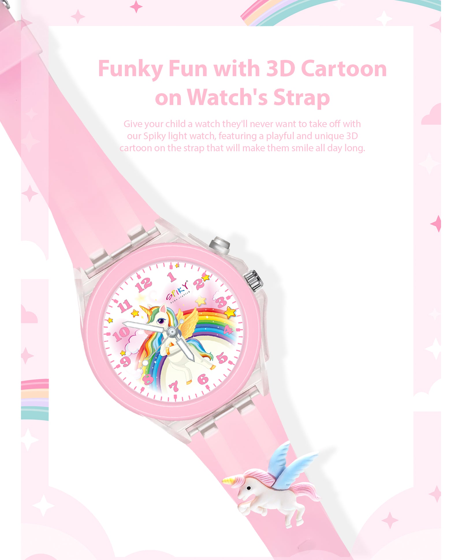 Spiky 3D Cartoon Unicorn Analog Light Watch for Kids Boys & Girls - Pink