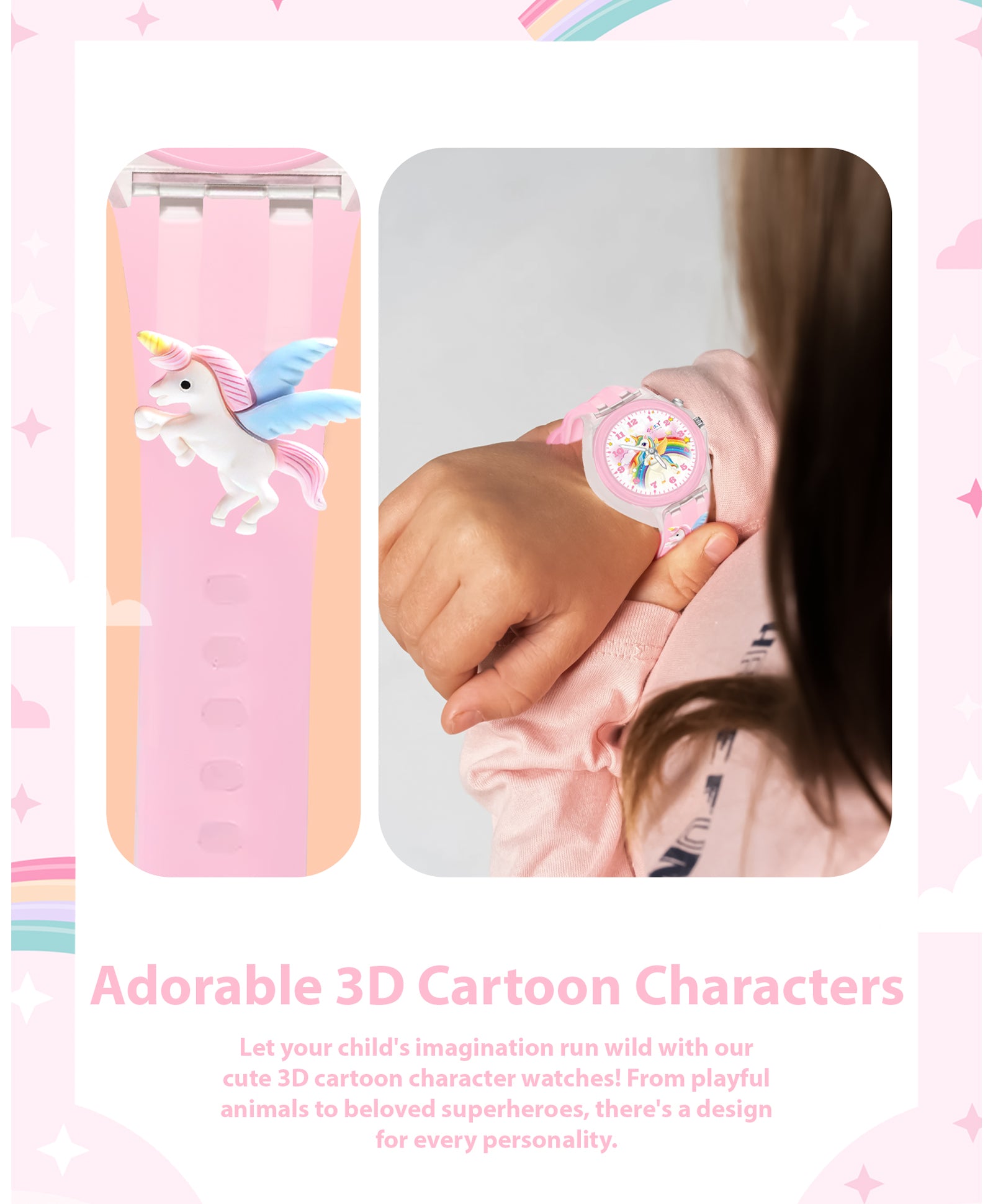 Spiky 3D Cartoon Unicorn Analog Light Watch for Kids Boys & Girls - Pink